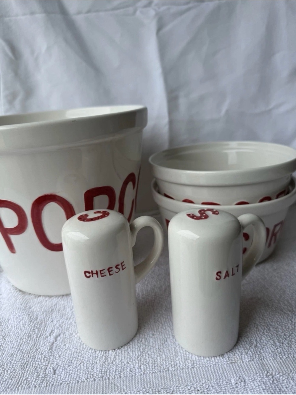 White Ceramic Salt & Cheese Shakers with Red Lettering - Home Dining Serveware